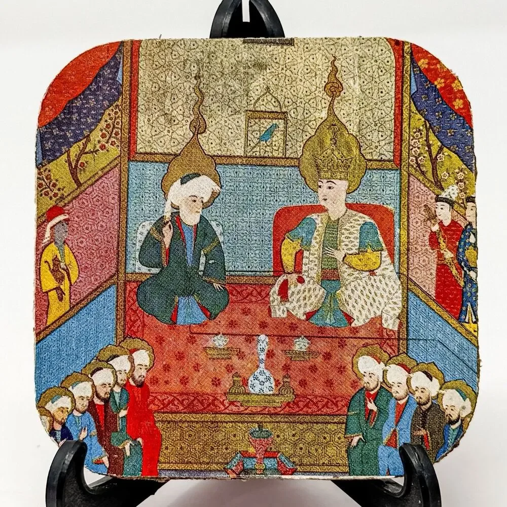 Vintage Persian Ottoman Miniature Art Coasters Set of 6 Fabric Covered Board